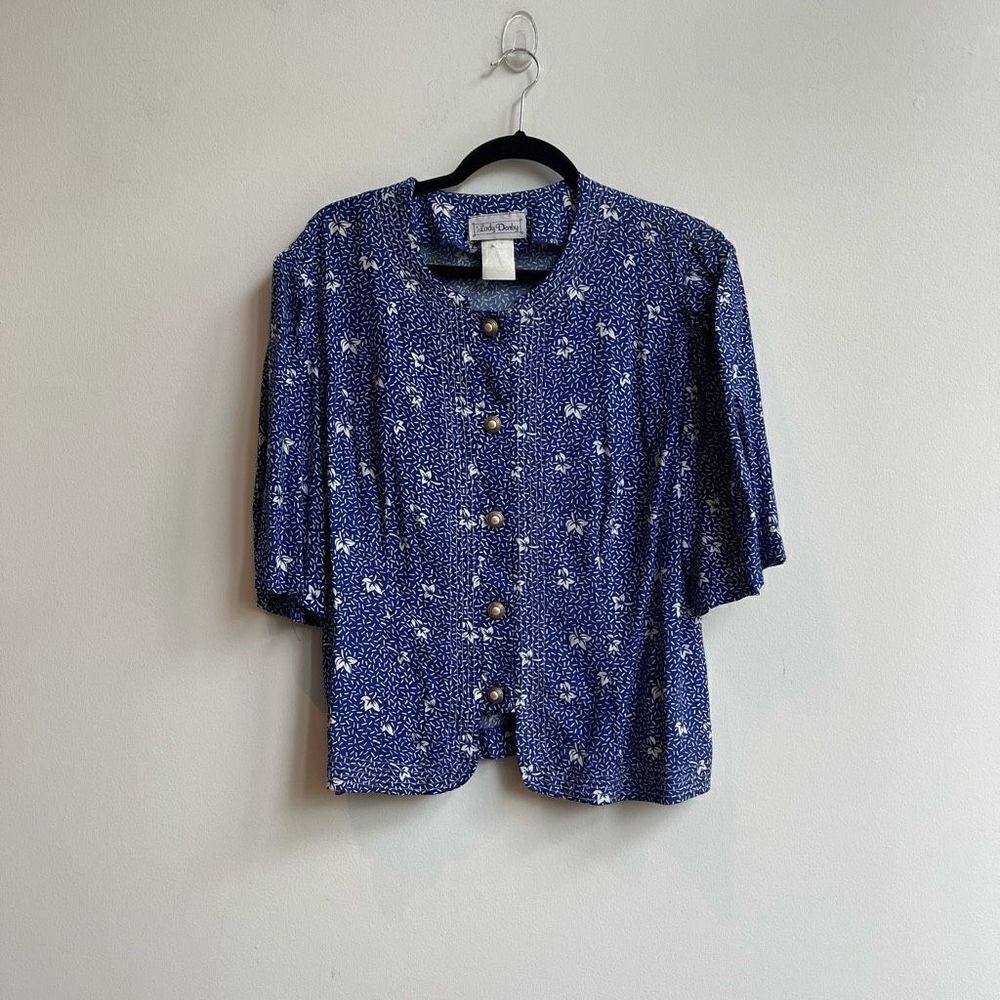 Vintage Lady Dorby Women's Set Button-down Floral Top & Midi Skirt Blue Size 14